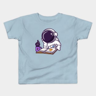 Cute Astronaut Reading Book With Space Coffee Cartoon Kids T-Shirt